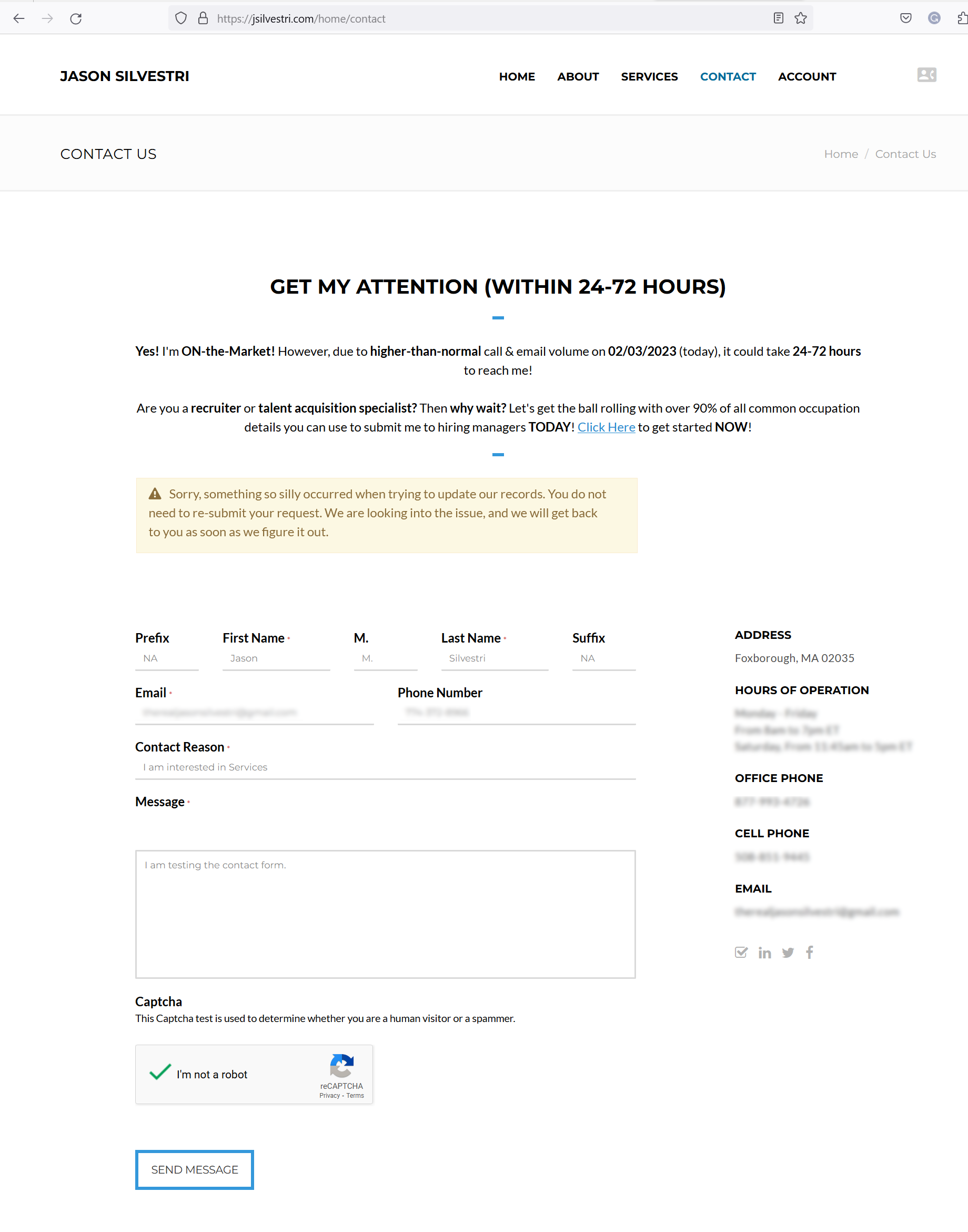 Jason Silvestri BETA v 2023.0.0.21 - Figure 3.1 - Before: Cannot Submit Contact Form