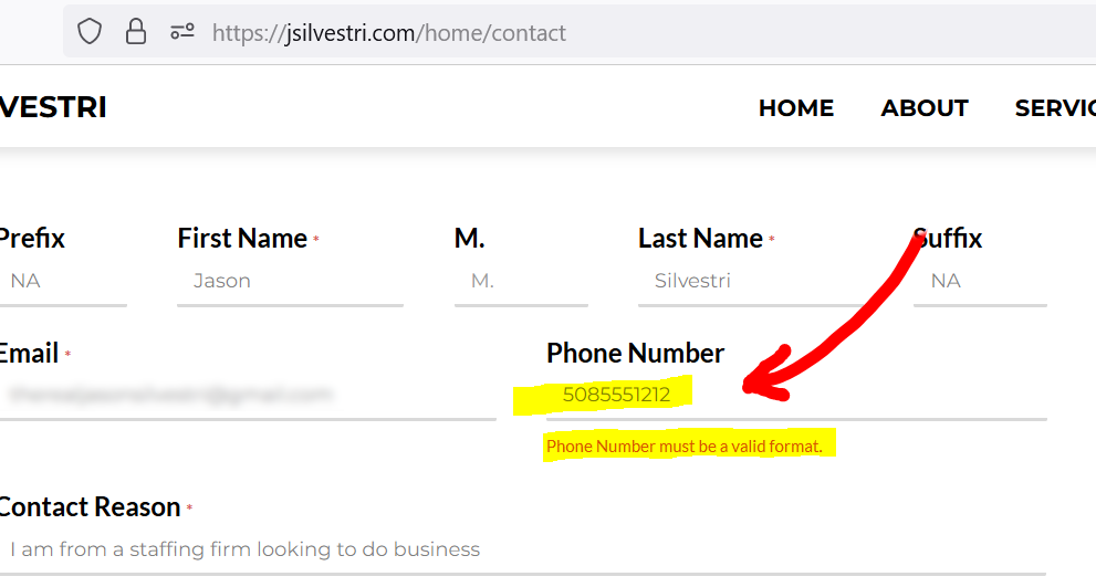 Jason Silvestri BETA v 2023.0.0.21 - Figure 3.1.1 - Closeup: Phone Number Will Not Validate: Before Shot Closeup